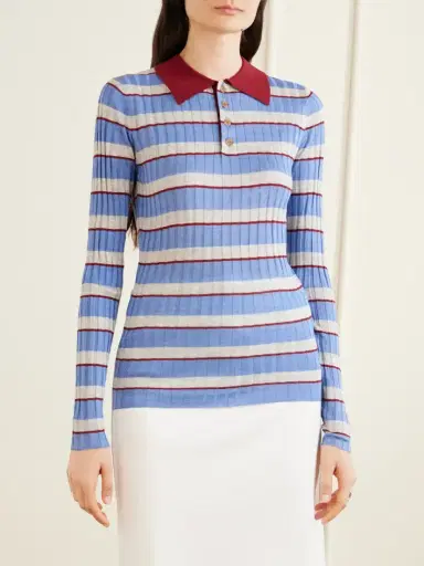 Brandon Maxwell The Joni Striped Silk And Cashmere-blend Polo Sweater | Thumbnail 3 Brandon Maxwell The Joni Striped Silk And Cashmere-blend Polo Sweater | Thumbnail 3