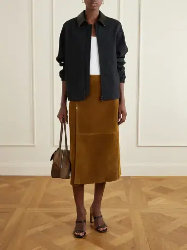 Max Mara Logo-debossed Leather-trimmed Suede Shoulder Bag | Thumbnail 3 Max Mara Logo-debossed Leather-trimmed Suede Shoulder Bag | Thumbnail 3