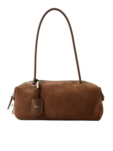 Max Mara Logo-debossed Leather-trimmed Suede Shoulder Bag | Thumbnail 1 Max Mara Logo-debossed Leather-trimmed Suede Shoulder Bag | Thumbnail 1