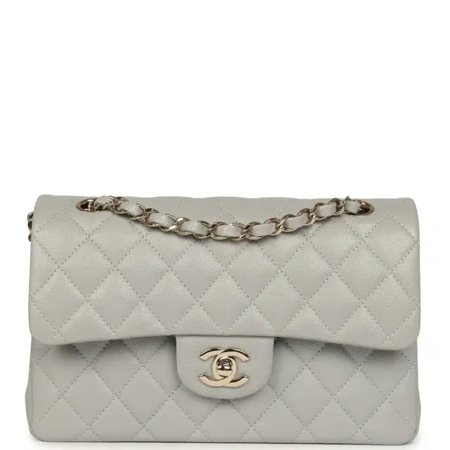 Chanel Small Classic Double Flap Bag Light Grey Caviar Light Gold Hardware Chanel Small Classic Double Flap Bag Light Grey Caviar Light Gold Hardware