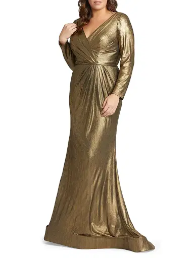 Mac Duggal Women's Plus Size Metallic Wrap-Front Gown - Bronze | Thumbnail 1 Mac Duggal Women's Plus Size Metallic Wrap-Front Gown - Bronze | Thumbnail 1