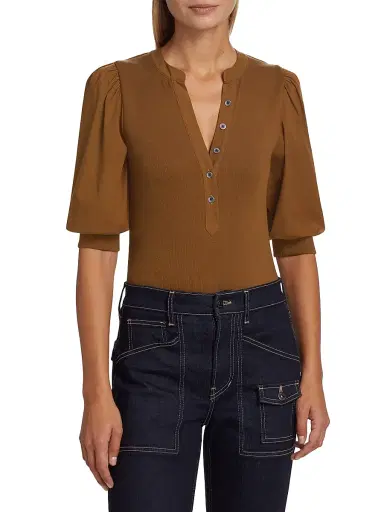 Veronica Beard Women's Coralee Ribbed Puff-Sleeve Top - Ochre | Thumbnail 3 Veronica Beard Women's Coralee Ribbed Puff-Sleeve Top - Ochre | Thumbnail 3