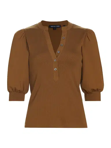 Veronica Beard Women's Coralee Ribbed Puff-Sleeve Top - Ochre | Thumbnail 1 Veronica Beard Women's Coralee Ribbed Puff-Sleeve Top - Ochre | Thumbnail 1