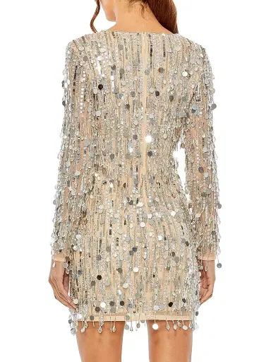 Mac Duggal Women's Long-Sleeve Beaded Fringe Minidress - Silver | Thumbnail 3 Mac Duggal Women's Long-Sleeve Beaded Fringe Minidress - Silver | Thumbnail 3