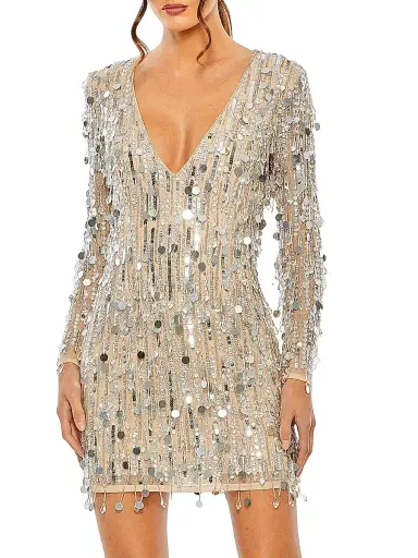 Mac Duggal Women's Long-Sleeve Beaded Fringe Minidress - Silver | Thumbnail 1 Mac Duggal Women's Long-Sleeve Beaded Fringe Minidress - Silver | Thumbnail 1