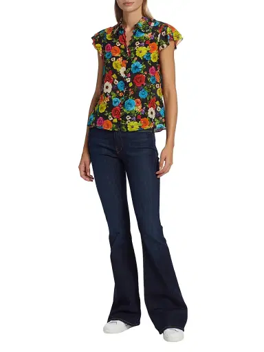ALICE + OLIVIA Women's Martel Flutter-Sleeve Silk Button Down Top - Flower Garden | Thumbnail 2 ALICE + OLIVIA Women's Martel Flutter-Sleeve Silk Button Down Top - Flower Garden | Thumbnail 2
