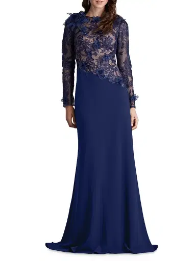 Tadashi Shoji Women's Floral Lace Asymmetric Long-Sleeve Gown - Notte Beige - Size 8 | Thumbnail 2 Tadashi Shoji Women's Floral Lace Asymmetric Long-Sleeve Gown - Notte Beige - Size 8 | Thumbnail 2