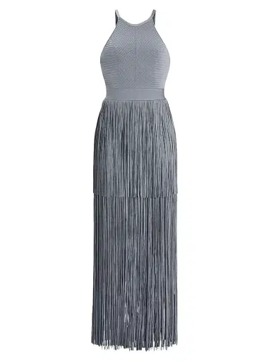 Hervé Léger Women's Halter Fringe Maxi Dress - Cinder | Thumbnail 1 Hervé Léger Women's Halter Fringe Maxi Dress - Cinder | Thumbnail 1