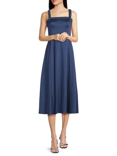 Aidan Mattox Women's Satin Embellished Neck Midi-Dress - Navy | Thumbnail 2 Aidan Mattox Women's Satin Embellished Neck Midi-Dress - Navy | Thumbnail 2