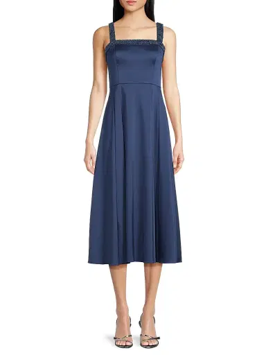 Aidan Mattox Women's Satin Embellished Neck Midi-Dress - Navy | Thumbnail 3 Aidan Mattox Women's Satin Embellished Neck Midi-Dress - Navy | Thumbnail 3