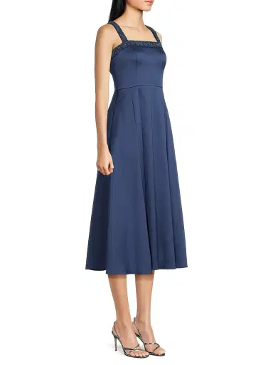 Aidan Mattox Women's Satin Embellished Neck Midi-Dress - Navy | Thumbnail 4 Aidan Mattox Women's Satin Embellished Neck Midi-Dress - Navy | Thumbnail 4