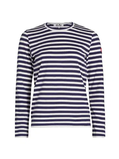 Comme des Garçons PLAY Women's Long-Sleeve Striped Cotton T-Shirt - Blue White Stripes - Size XS | Thumbnail 1 Comme des Garçons PLAY Women's Long-Sleeve Striped Cotton T-Shirt - Blue White Stripes - Size XS | Thumbnail 1