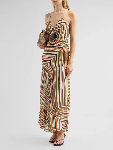 Silvia Tcherassi Women's Emeli Abstract-Print Ruched Maxi Dress - Orange Green Stripes | Thumbnail 4 Silvia Tcherassi Women's Emeli Abstract-Print Ruched Maxi Dress - Orange Green Stripes | Thumbnail 4