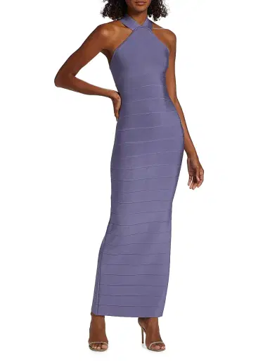 Hervé Léger Women's Icon Halter Cross Back Gown - Haze | Thumbnail 2 Hervé Léger Women's Icon Halter Cross Back Gown - Haze | Thumbnail 2