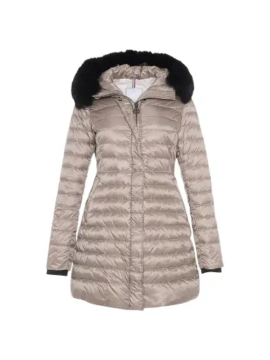 Gorski Women's Apres-Ski Jacket with Detachable Toscana Lamb Hood Trim - Stone - Size Medium | Thumbnail 1 Gorski Women's Apres-Ski Jacket with Detachable Toscana Lamb Hood Trim - Stone - Size Medium | Thumbnail 1