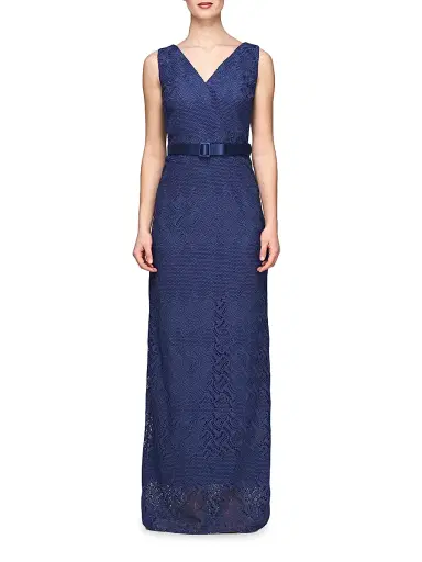 Kay Unger Women's Hendrix Belted Lace Column Gown - Midnight | Thumbnail 2 Kay Unger Women's Hendrix Belted Lace Column Gown - Midnight | Thumbnail 2