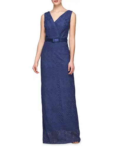 Kay Unger Women's Hendrix Belted Lace Column Gown - Midnight | Thumbnail 3 Kay Unger Women's Hendrix Belted Lace Column Gown - Midnight | Thumbnail 3