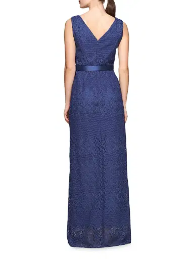 Kay Unger Women's Hendrix Belted Lace Column Gown - Midnight | Thumbnail 4 Kay Unger Women's Hendrix Belted Lace Column Gown - Midnight | Thumbnail 4