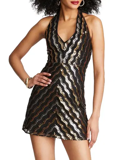 Halston Women's Nidya Sequined Halterneck Minidress - Gold And Sliver - Size 14 | Thumbnail 3 Halston Women's Nidya Sequined Halterneck Minidress - Gold And Sliver - Size 14 | Thumbnail 3