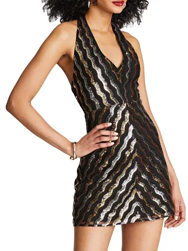 Halston Women's Nidya Sequined Halterneck Minidress - Gold And Sliver - Size 14 | Thumbnail 4 Halston Women's Nidya Sequined Halterneck Minidress - Gold And Sliver - Size 14 | Thumbnail 4