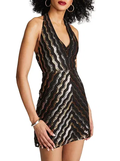 Halston Women's Nidya Sequined Halterneck Minidress - Gold And Sliver - Size 14 | Thumbnail 7 Halston Women's Nidya Sequined Halterneck Minidress - Gold And Sliver - Size 14 | Thumbnail 7