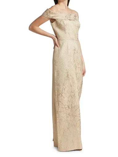 Teri Jon by Rickie Freeman Women's Off-the-Shoulder Metallic Jacquard Gown - Gold | Thumbnail 2 Teri Jon by Rickie Freeman Women's Off-the-Shoulder Metallic Jacquard Gown - Gold | Thumbnail 2