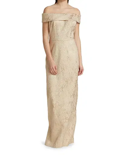 Teri Jon by Rickie Freeman Women's Off-the-Shoulder Metallic Jacquard Gown - Gold | Thumbnail 3 Teri Jon by Rickie Freeman Women's Off-the-Shoulder Metallic Jacquard Gown - Gold | Thumbnail 3