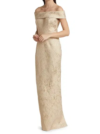 Teri Jon by Rickie Freeman Women's Off-the-Shoulder Metallic Jacquard Gown - Gold | Thumbnail 4 Teri Jon by Rickie Freeman Women's Off-the-Shoulder Metallic Jacquard Gown - Gold | Thumbnail 4