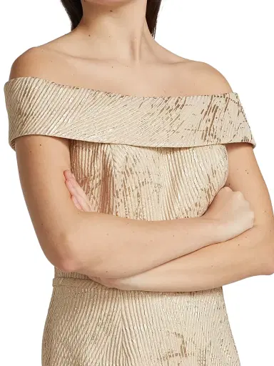 Teri Jon by Rickie Freeman Women's Off-the-Shoulder Metallic Jacquard Gown - Gold | Thumbnail 6 Teri Jon by Rickie Freeman Women's Off-the-Shoulder Metallic Jacquard Gown - Gold | Thumbnail 6