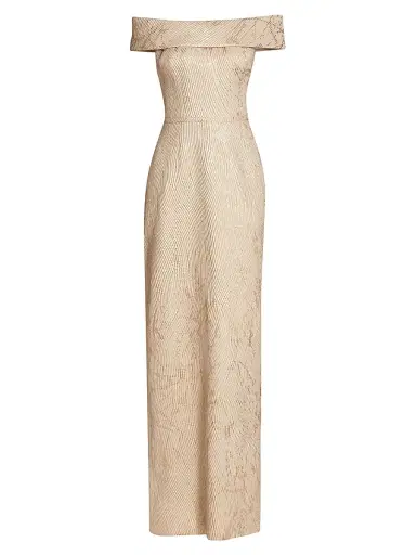 Teri Jon by Rickie Freeman Women's Off-the-Shoulder Metallic Jacquard Gown - Gold | Thumbnail 1 Teri Jon by Rickie Freeman Women's Off-the-Shoulder Metallic Jacquard Gown - Gold | Thumbnail 1