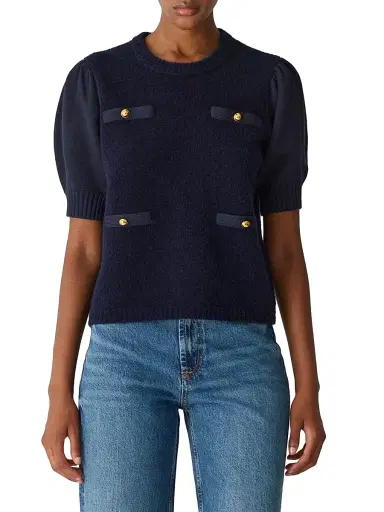 REBECCA TAYLOR Women's Lady Bouclé Short Puff Sleeve Sweater - Dark Navy | Thumbnail 3 REBECCA TAYLOR Women's Lady Bouclé Short Puff Sleeve Sweater - Dark Navy | Thumbnail 3