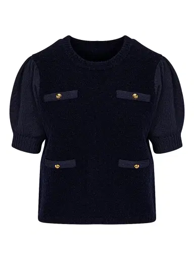REBECCA TAYLOR Women's Lady Bouclé Short Puff Sleeve Sweater - Dark Navy | Thumbnail 1 REBECCA TAYLOR Women's Lady Bouclé Short Puff Sleeve Sweater - Dark Navy | Thumbnail 1