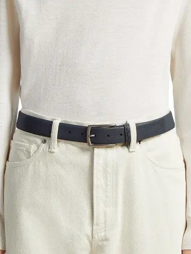ZEGNA Men's Leather Belt with Triple Stitch Buckle - Navy Blue | Thumbnail 2 ZEGNA Men's Leather Belt with Triple Stitch Buckle - Navy Blue | Thumbnail 2