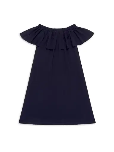 Un Deux Trois Girl's Ruffled Off-The-Shoulder Dress - Navy | Thumbnail 1 Un Deux Trois Girl's Ruffled Off-The-Shoulder Dress - Navy | Thumbnail 1