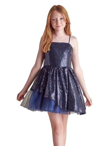 Un Deux Trois Girl's Peek-A-Boo Sequin Dress - Navy | Thumbnail 2 Un Deux Trois Girl's Peek-A-Boo Sequin Dress - Navy | Thumbnail 2