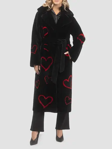 Gorski Women's Reversible Shearling Lamb Coat with Heart Intarsia - Black Red - Size Small | Thumbnail 2 Gorski Women's Reversible Shearling Lamb Coat with Heart Intarsia - Black Red - Size Small | Thumbnail 2