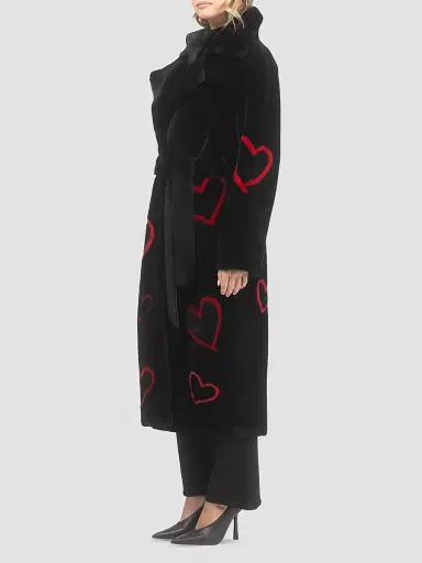 Gorski Women's Reversible Shearling Lamb Coat with Heart Intarsia - Black Red - Size Small | Thumbnail 3 Gorski Women's Reversible Shearling Lamb Coat with Heart Intarsia - Black Red - Size Small | Thumbnail 3
