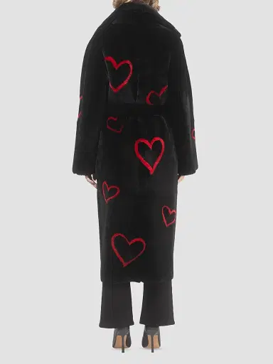 Gorski Women's Reversible Shearling Lamb Coat with Heart Intarsia - Black Red - Size Small | Thumbnail 4 Gorski Women's Reversible Shearling Lamb Coat with Heart Intarsia - Black Red - Size Small | Thumbnail 4