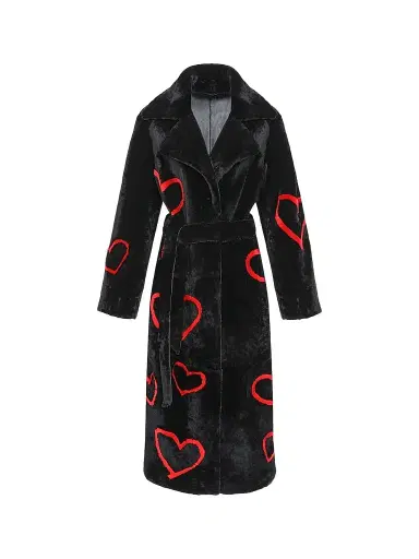 Gorski Women's Reversible Shearling Lamb Coat with Heart Intarsia - Black Red - Size Small | Thumbnail 1 Gorski Women's Reversible Shearling Lamb Coat with Heart Intarsia - Black Red - Size Small | Thumbnail 1