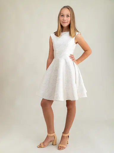 Un Deux Trois Girl's Cap Sleeve Metallic Jacquard Dress - | Thumbnail 2 Un Deux Trois Girl's Cap Sleeve Metallic Jacquard Dress - | Thumbnail 2