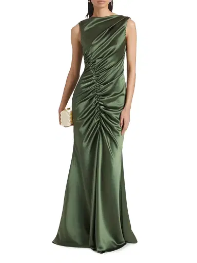 Amsale Women's Ruched Satin Gown - Olive | Thumbnail 2 Amsale Women's Ruched Satin Gown - Olive | Thumbnail 2