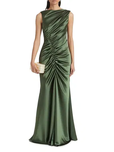 Amsale Women's Ruched Satin Gown - Olive | Thumbnail 3 Amsale Women's Ruched Satin Gown - Olive | Thumbnail 3