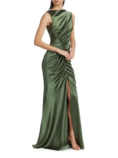 Amsale Women's Ruched Satin Gown - Olive | Thumbnail 4 Amsale Women's Ruched Satin Gown - Olive | Thumbnail 4