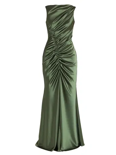 Amsale Women's Ruched Satin Gown - Olive | Thumbnail 1 Amsale Women's Ruched Satin Gown - Olive | Thumbnail 1