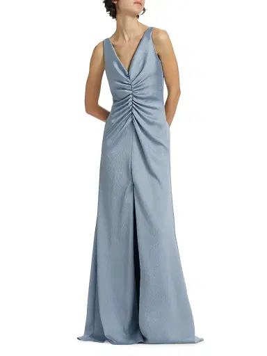 Amsale Women's Satin Cinched V-Neck A-Line Gown - Smokey Blue | Thumbnail 2 Amsale Women's Satin Cinched V-Neck A-Line Gown - Smokey Blue | Thumbnail 2