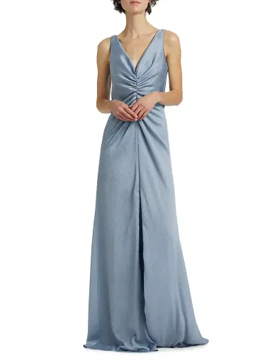 Amsale Women's Satin Cinched V-Neck A-Line Gown - Smokey Blue | Thumbnail 3 Amsale Women's Satin Cinched V-Neck A-Line Gown - Smokey Blue | Thumbnail 3