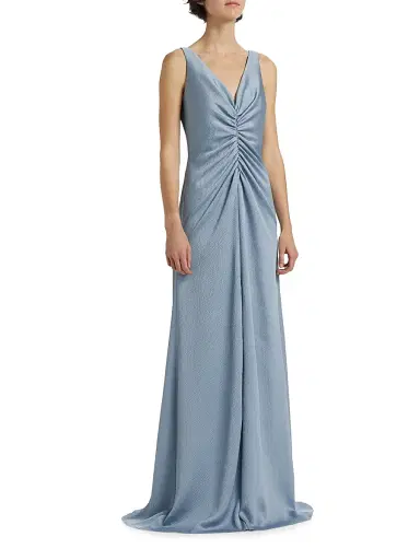 Amsale Women's Satin Cinched V-Neck A-Line Gown - Smokey Blue | Thumbnail 4 Amsale Women's Satin Cinched V-Neck A-Line Gown - Smokey Blue | Thumbnail 4