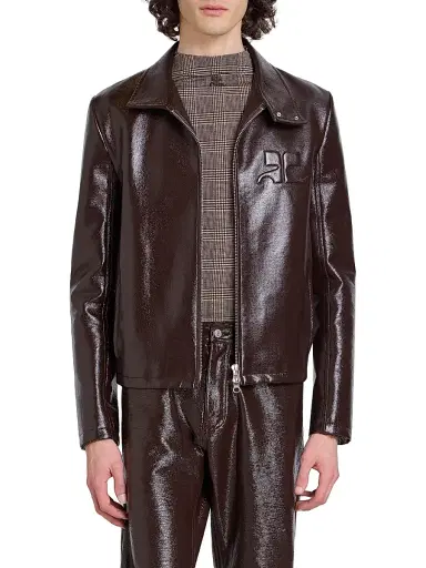 Courreges Men's Zipped Vinyl Biker Jacket - Chocolate | Thumbnail 3 Courreges Men's Zipped Vinyl Biker Jacket - Chocolate | Thumbnail 3
