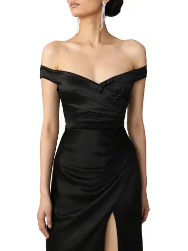 Sau Lee Women's Paulina Ruched Satin Off-The-Shoulder Gown - Black | Thumbnail 4 Sau Lee Women's Paulina Ruched Satin Off-The-Shoulder Gown - Black | Thumbnail 4