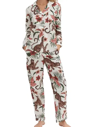Desmond & Dempsey Women's Cotton Jungle 2-Piece Pajama Set - Cream | Thumbnail 2 Desmond & Dempsey Women's Cotton Jungle 2-Piece Pajama Set - Cream | Thumbnail 2